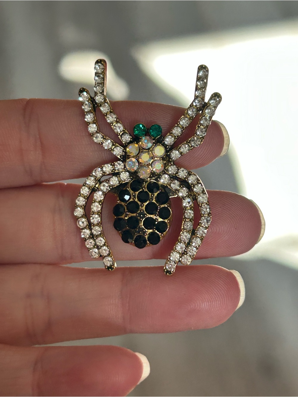 4/$50 Gold-Tone Crystal Spider Pin with Black and Green Accents